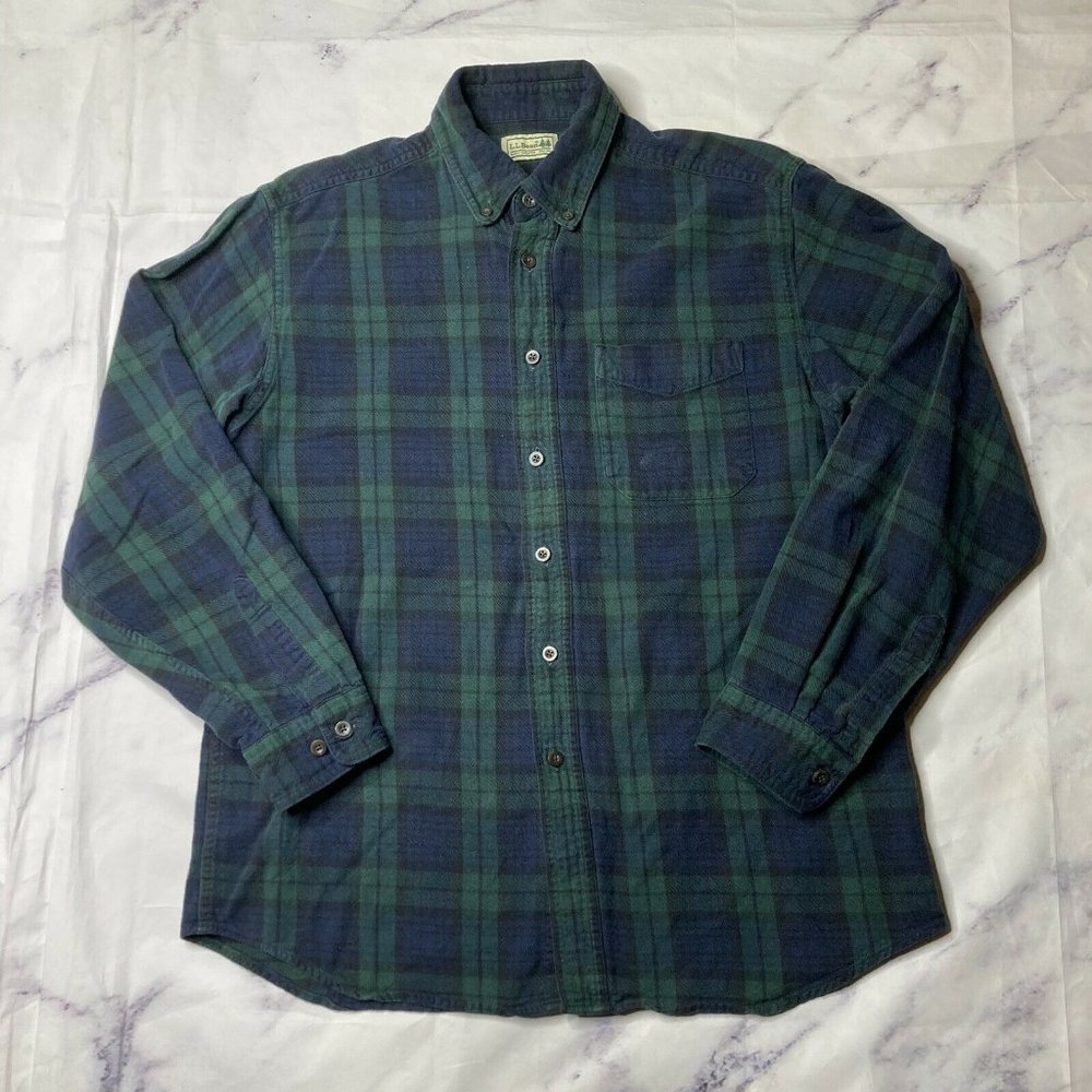 LL Bean Flannel Button Down Shirt Men's Blue Green Plaid Black Watch